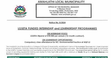 Thirty(30) Learnerships and Eight(9) Graduate Internships at Amahlathi Local Municipality
