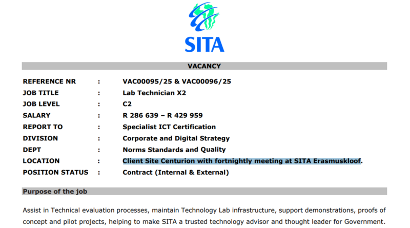SITA is Currently Hiring for Two(2) Lab Technicians to Work on Norms Standards and Quality Earning R 286 639 – R 429 959