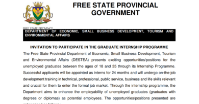 Forty(40) Graduate Internship Programmes At The Free State Provincial Department of Economic, Small Business Development, Tourism and Environmental Affairs (DESTEA)