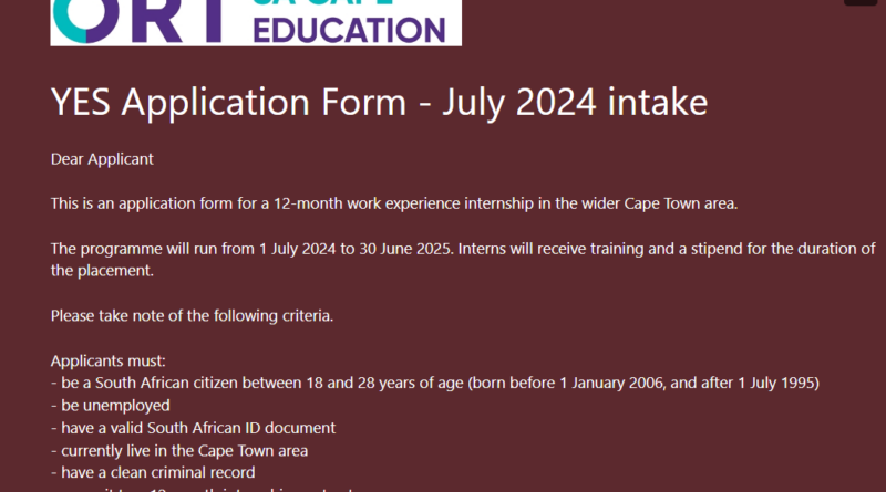 Yes Programme For Young South Africans At ORT SA Cape Education: 12-month work experience internship