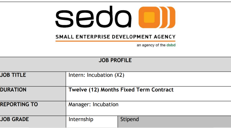 Small Enterprise Development Agency(SEDA) is Hiring Two(2) Incubation Interns To Earn R6000 Per Month